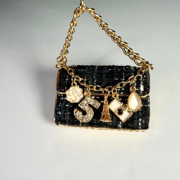 Fashion Jewelry Tweed Purse Keychain Gold Bag Charm Bling Paris Eiffel Tower - Picture 3 of 6